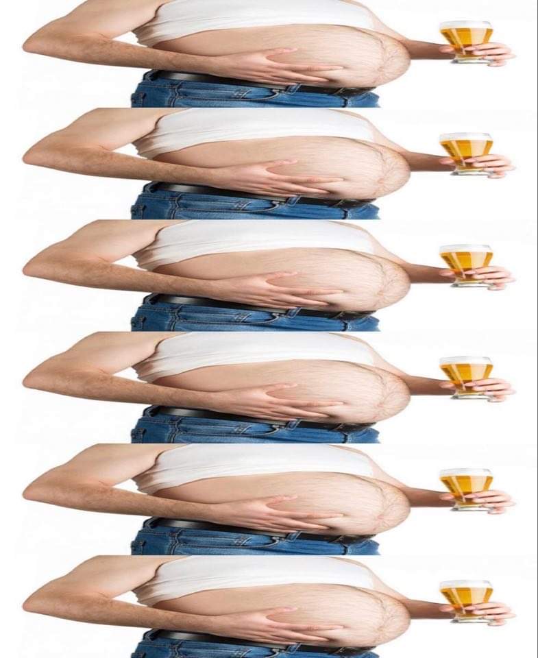 Repeated stretched images of fat man holding beer