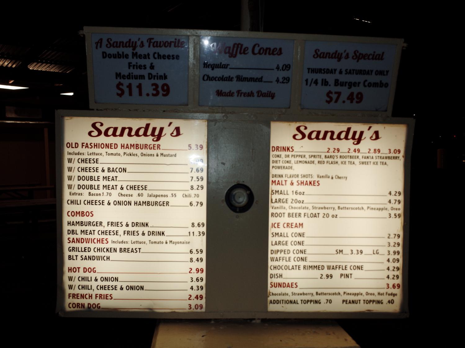 Sandy's menu