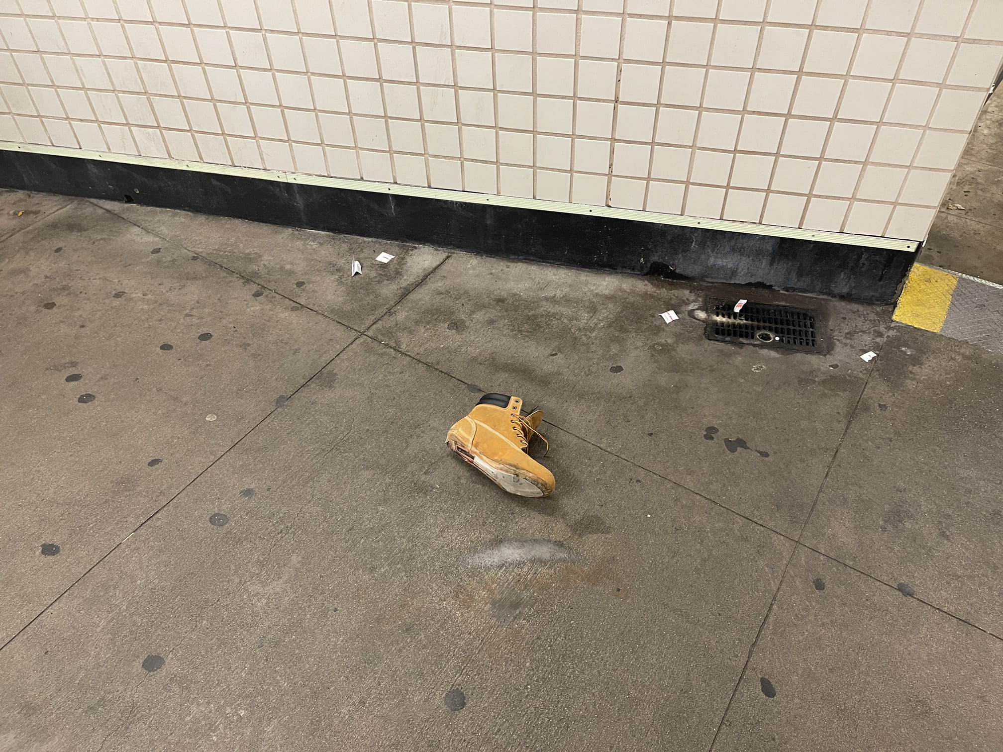 A lone soleless timb at 168th st station in washington heights
